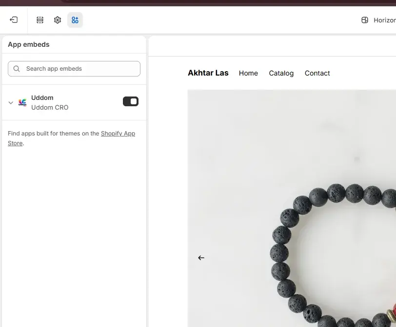 The Uddom app embed enabled in the Shopify theme editor.