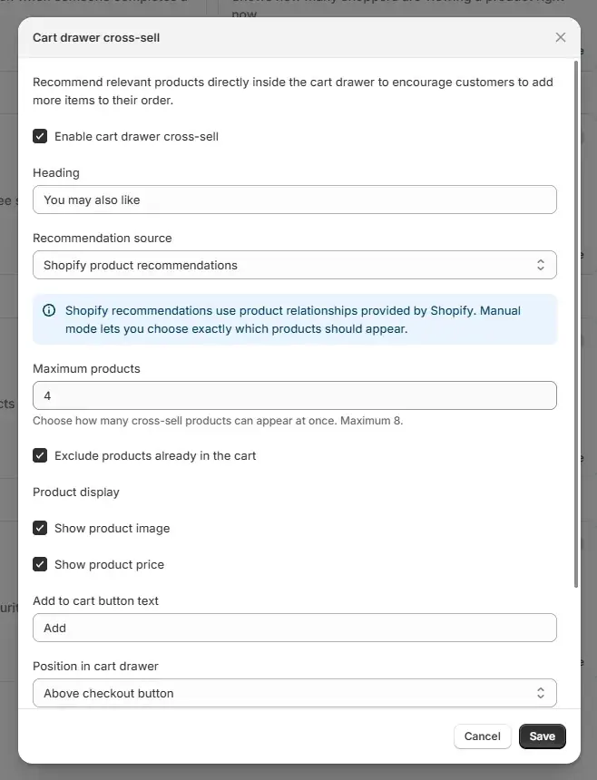 The Cart drawer cross-sell settings screen in the Uddom app.
