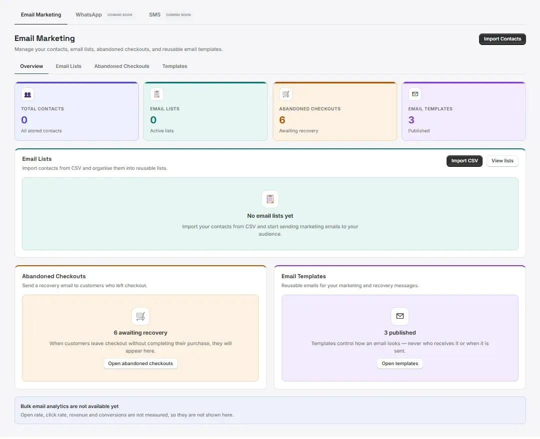 The Email Marketing overview in the Uddom app.