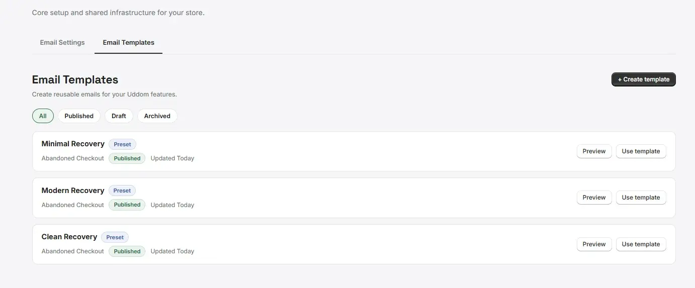 The list of reusable email templates in the Uddom app.
