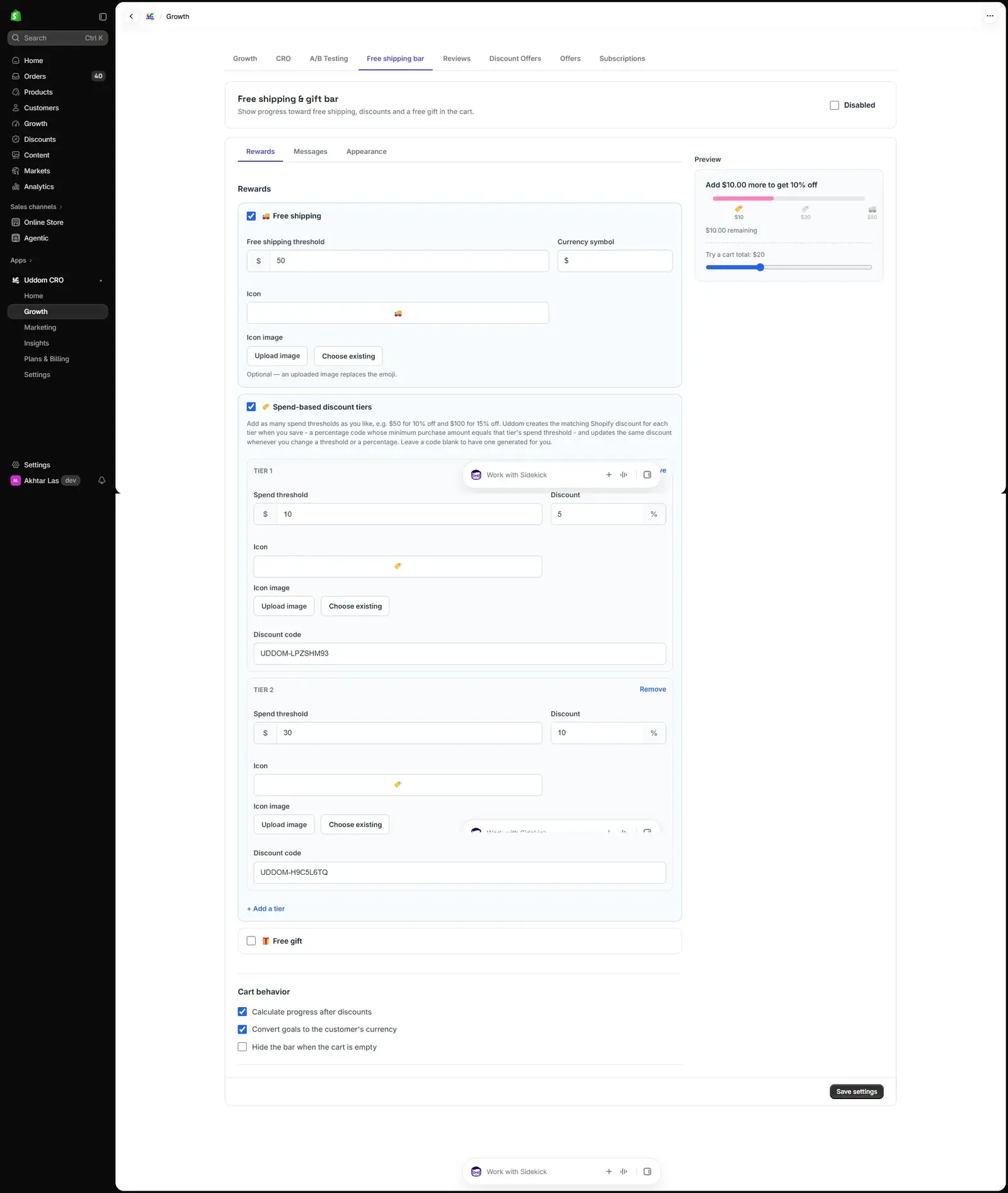 The Free shipping bar settings screen in the Uddom app.