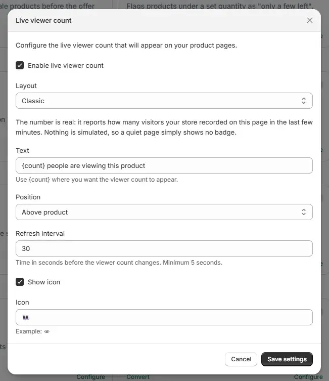 The Live viewer count settings screen in the Uddom app.