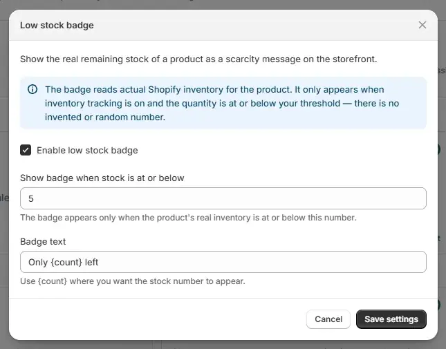 The Low stock badge settings screen in the Uddom app.