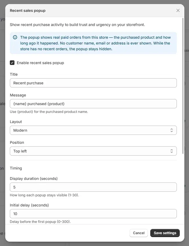 The Recent sales popup settings screen in the Uddom app.