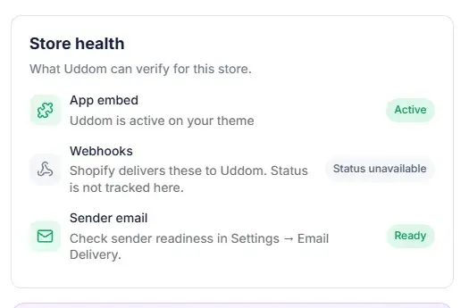 The store health card in the Uddom dashboard.