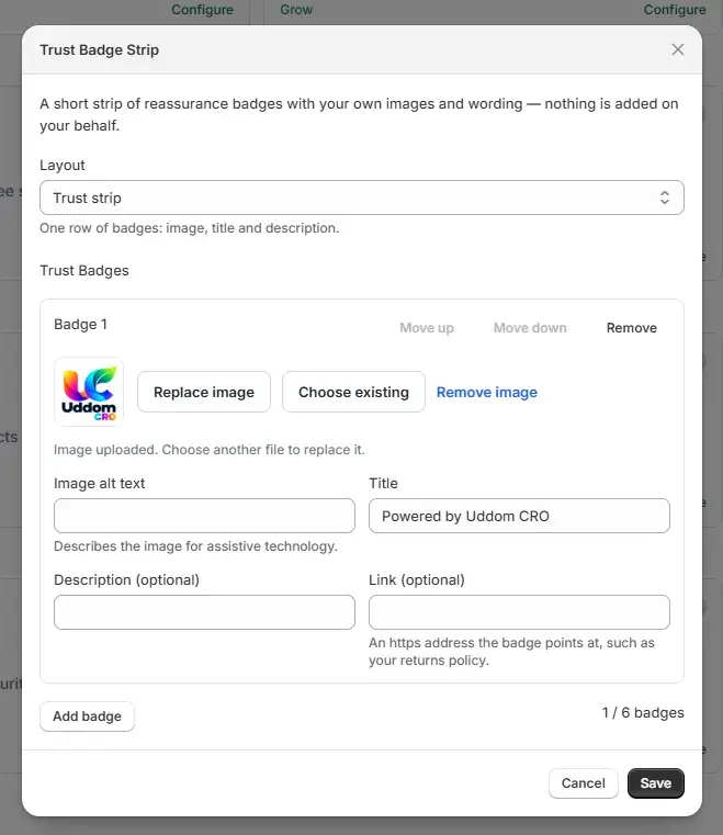 The Trust badge strip settings screen in the Uddom app.