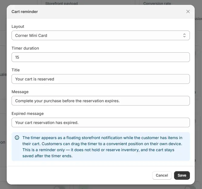 The Cart reminder settings screen in the Uddom app.