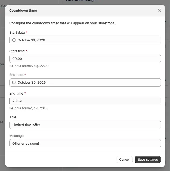 The Countdown timer settings screen in the Uddom app.
