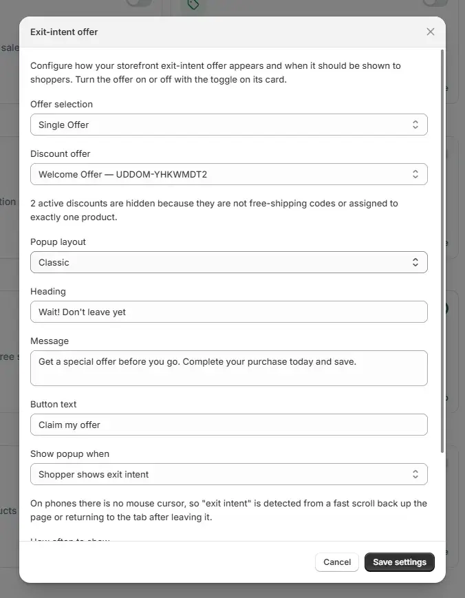 The Exit-intent offer settings screen in the Uddom app.