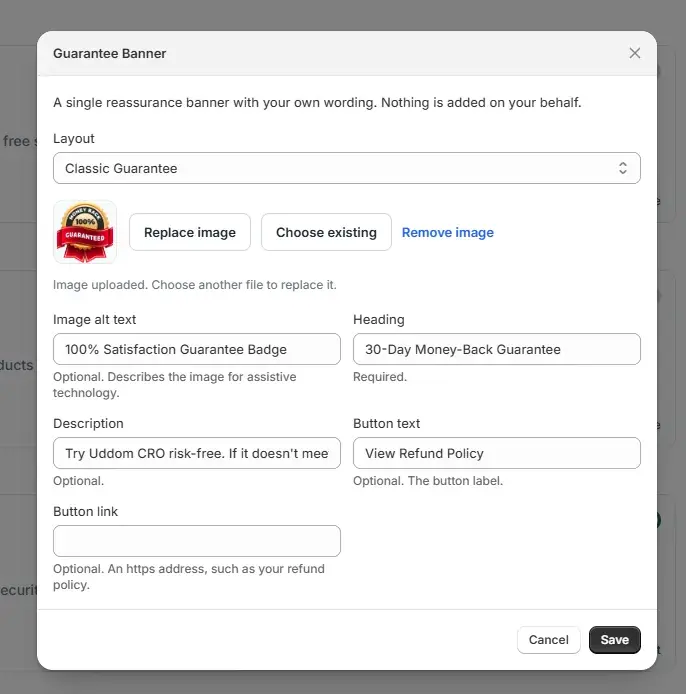 The Guarantee banner settings screen in the Uddom app.
