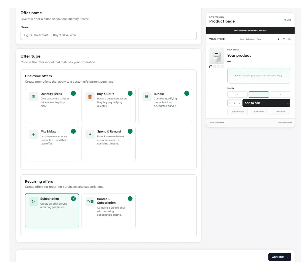 The offer type selector in the Uddom offer builder, listing every offer model.