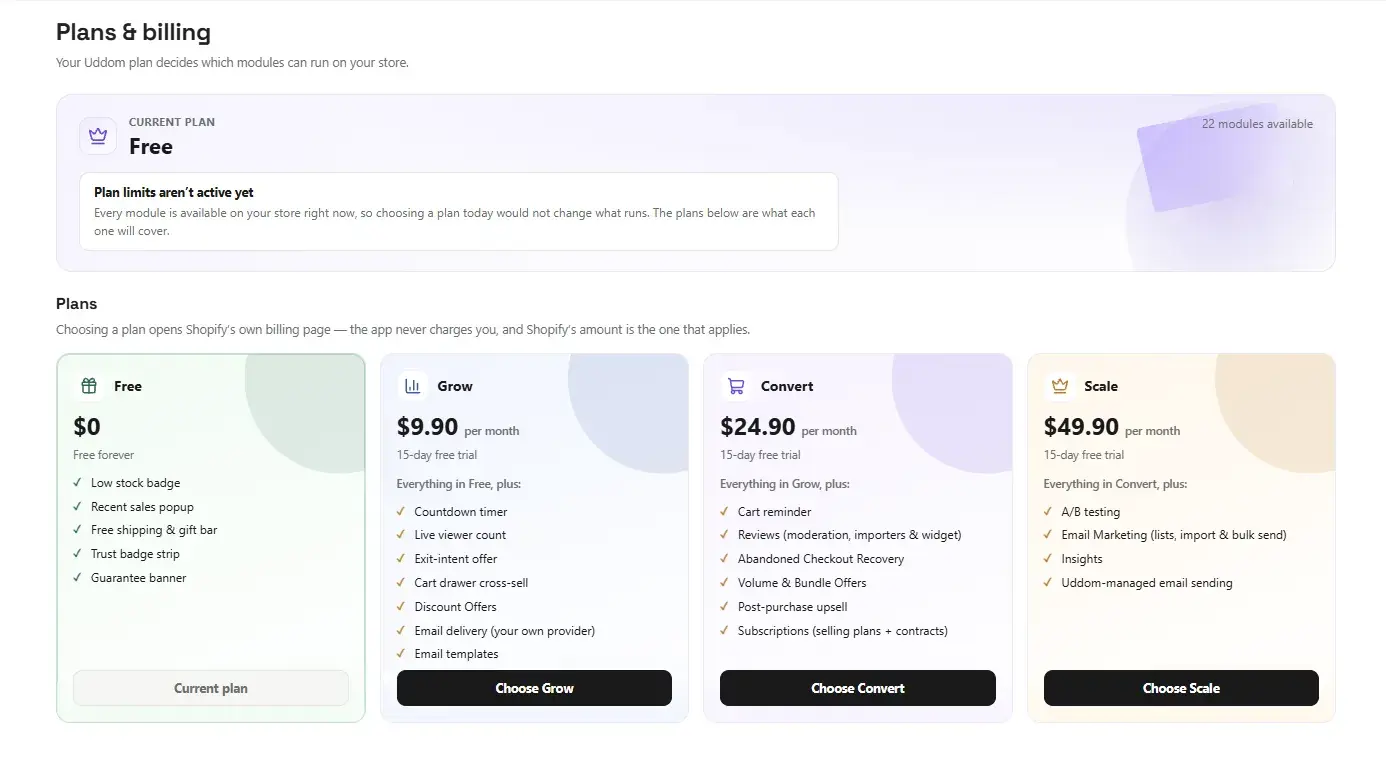 The Plans & billing page in the Uddom app, showing the current plan and the list of plans.