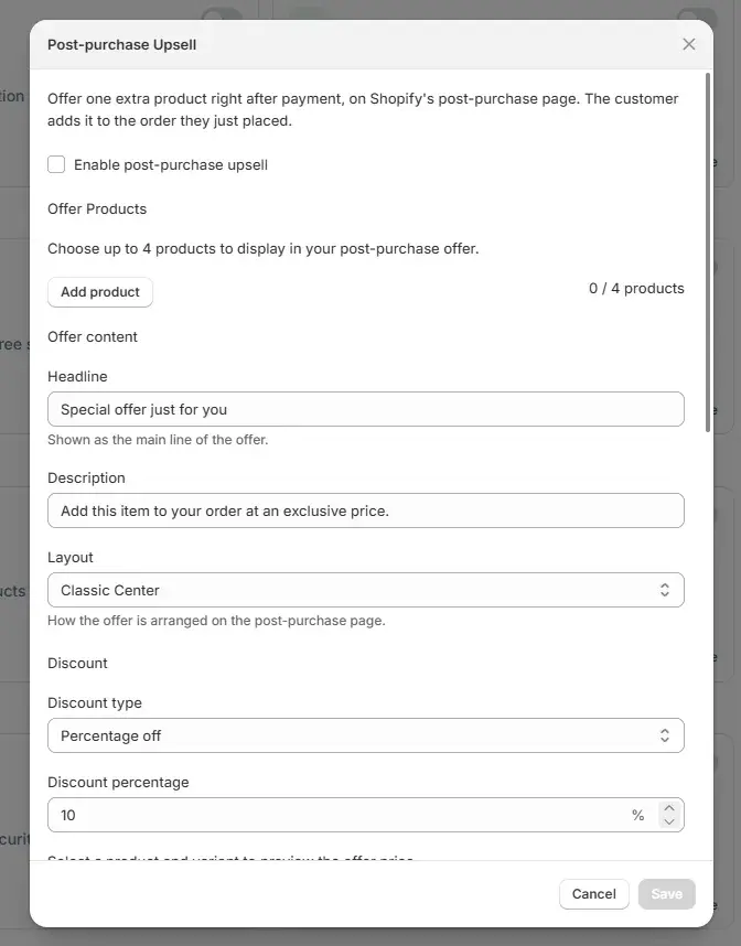 The Post-purchase upsell settings screen in the Uddom app.