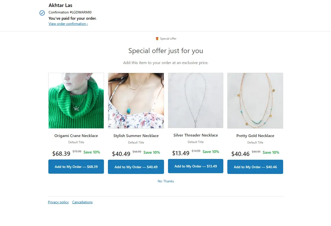 A post-purchase upsell offer shown after checkout.