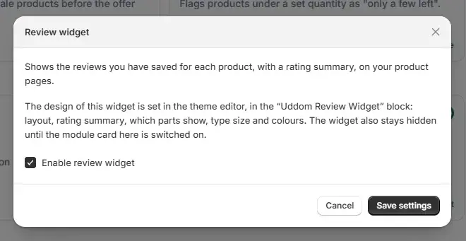 The Review widget settings screen in the Uddom app.