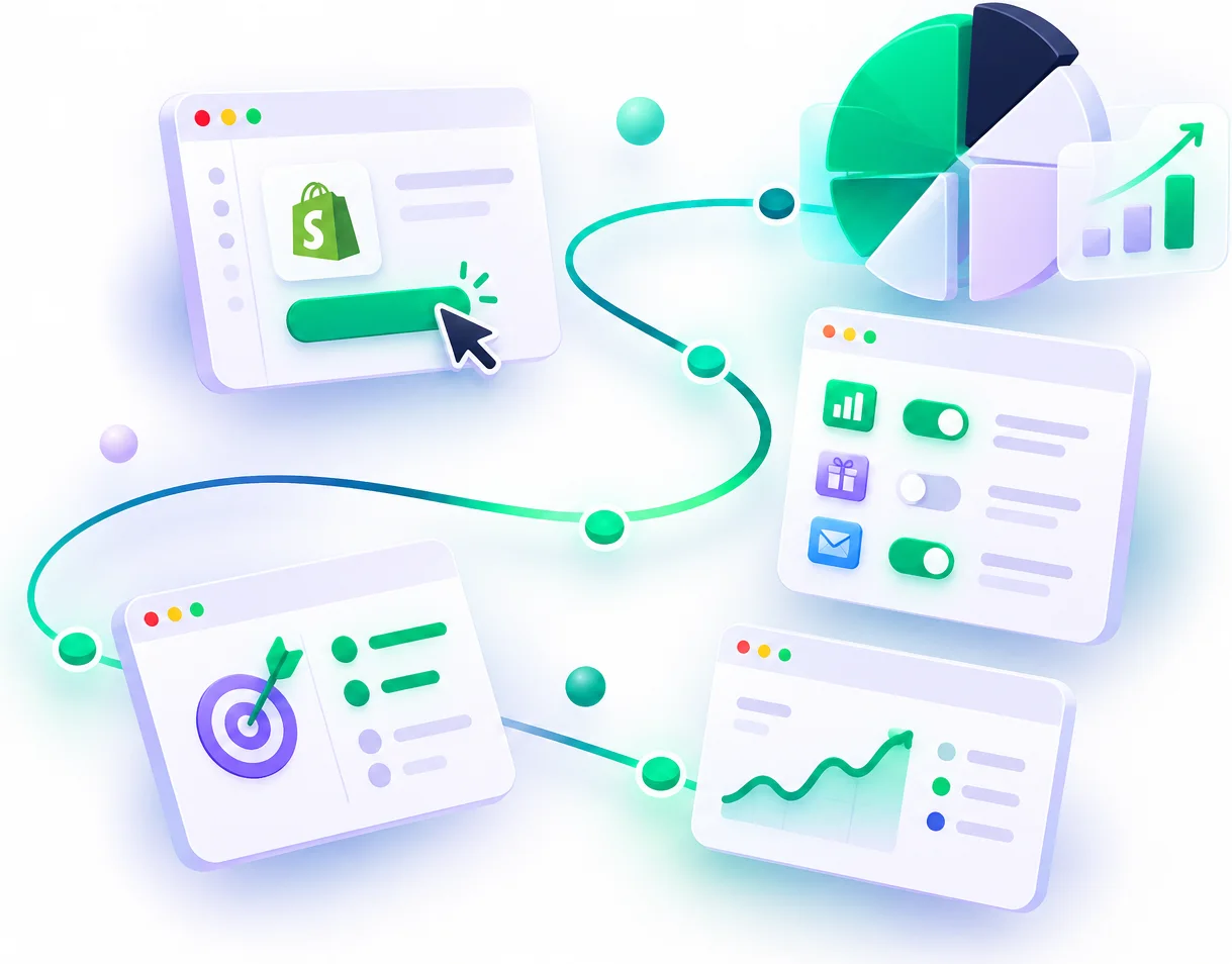 Isometric SaaS workflow: install, configure, measure and optimize — four connected panels