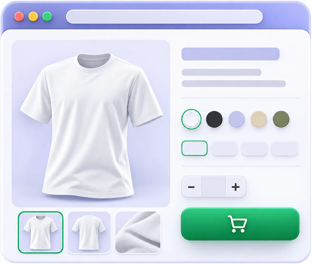 Minimal product page with colour swatches, size options and add-to-cart